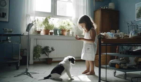 Una niña con su perro en una habitación.