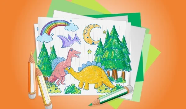 Niños dibujando dos dinosaurios en un bosque