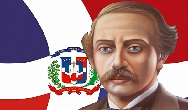 Ilustración de Juan Pablo Duarte con la bandera de República Dominicana al fondo