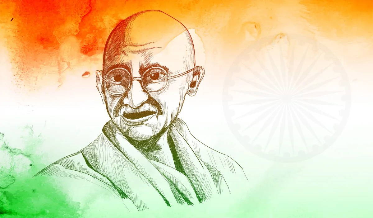 Ilustración de Gandhi con la bandera india al fondo