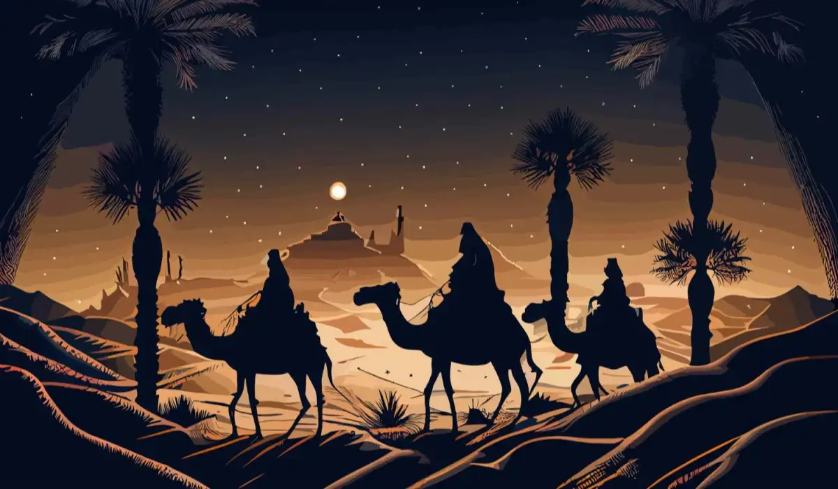 Ilustración de los reyes magos montados en camellos