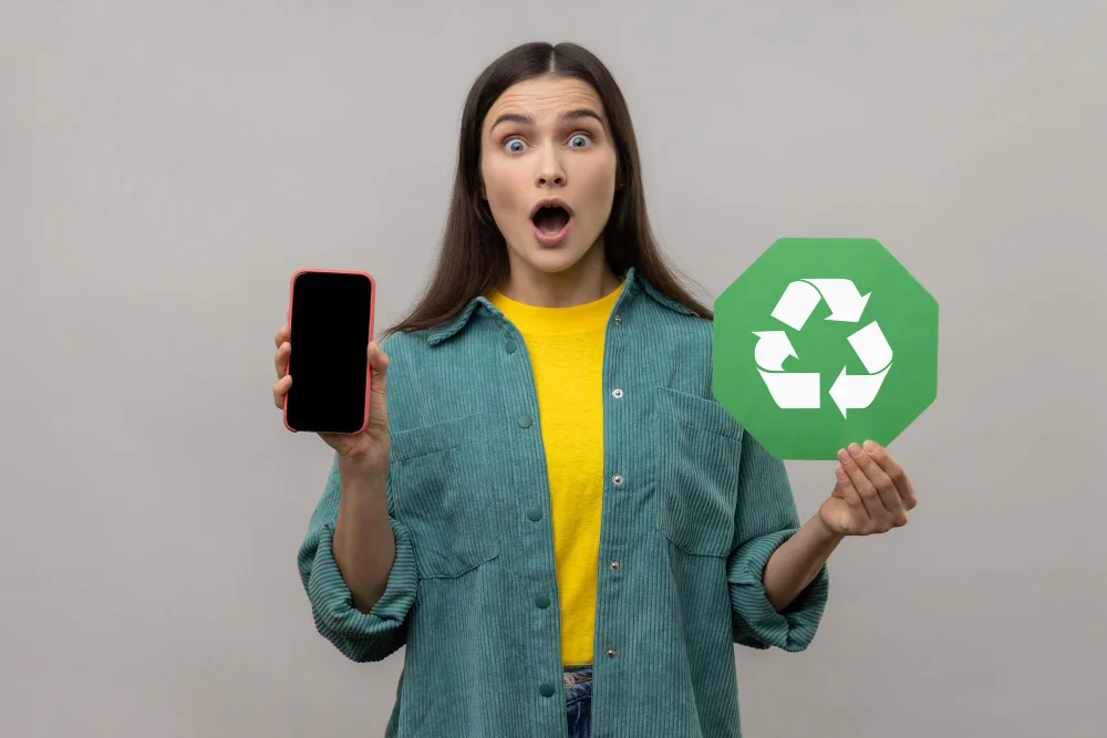 Una mujer sosteniendo un teléfono y un símbolo de reciclaje.