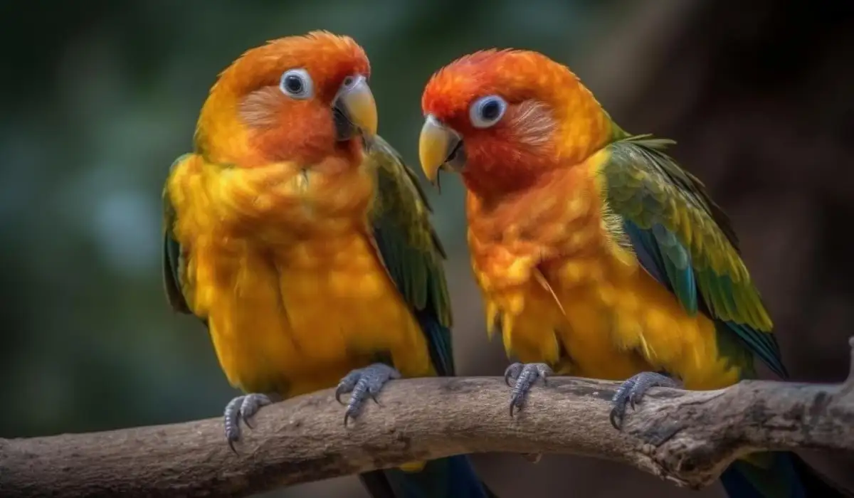 Dos aves amarillas paradas en una rama