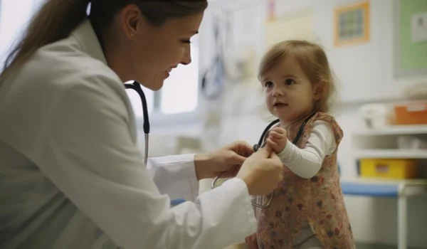 Mujer pediatra examinando a una niña