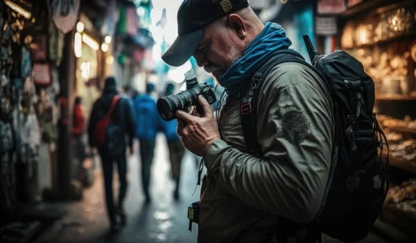 Un reportero gráfico en un mercado