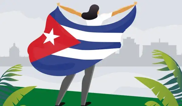 Mujer con la bandera de cuba, levantandola y cubriendose